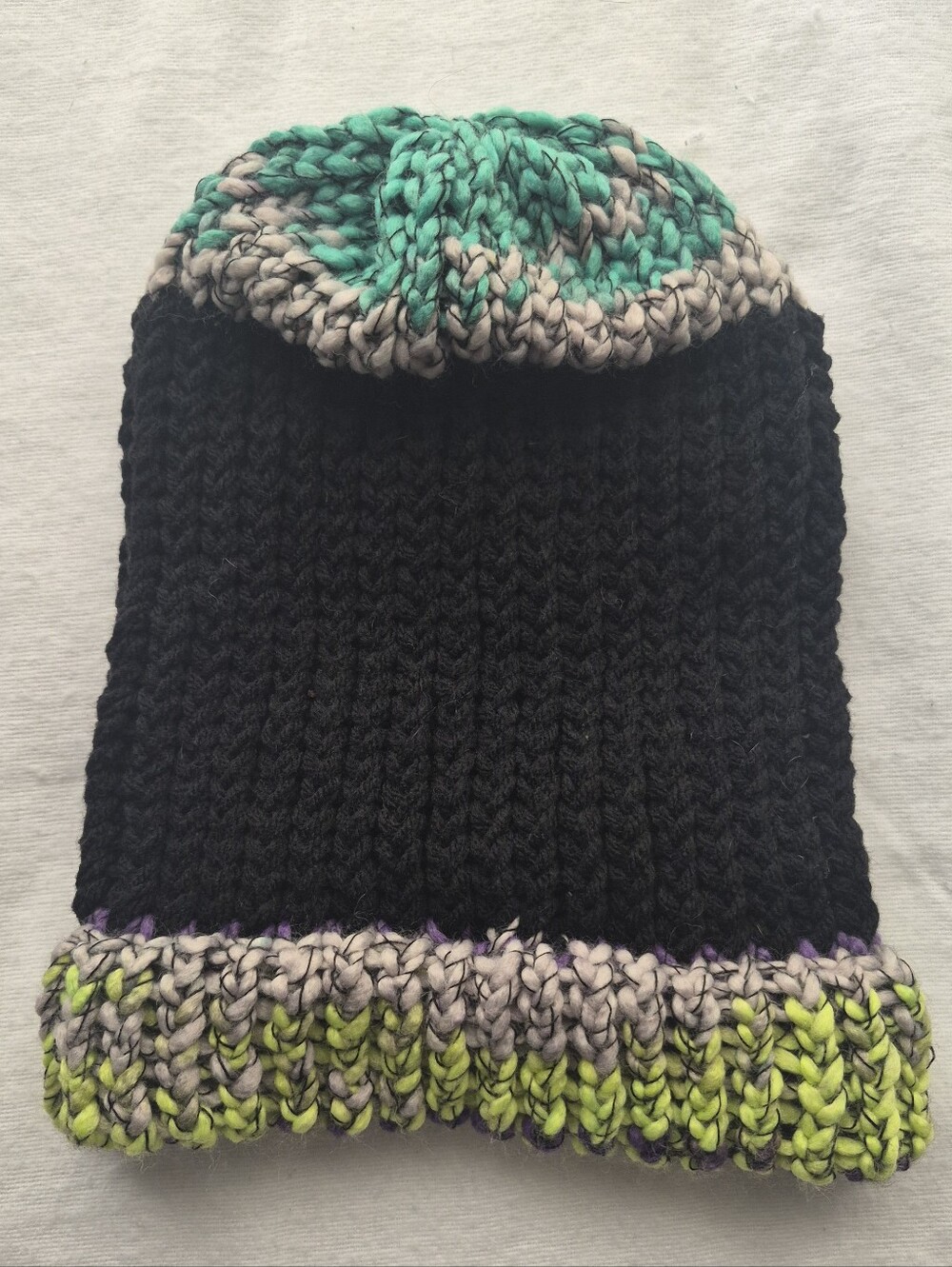 Handmade Knit Beanie in Black Multi-Colored Mixed Yarn